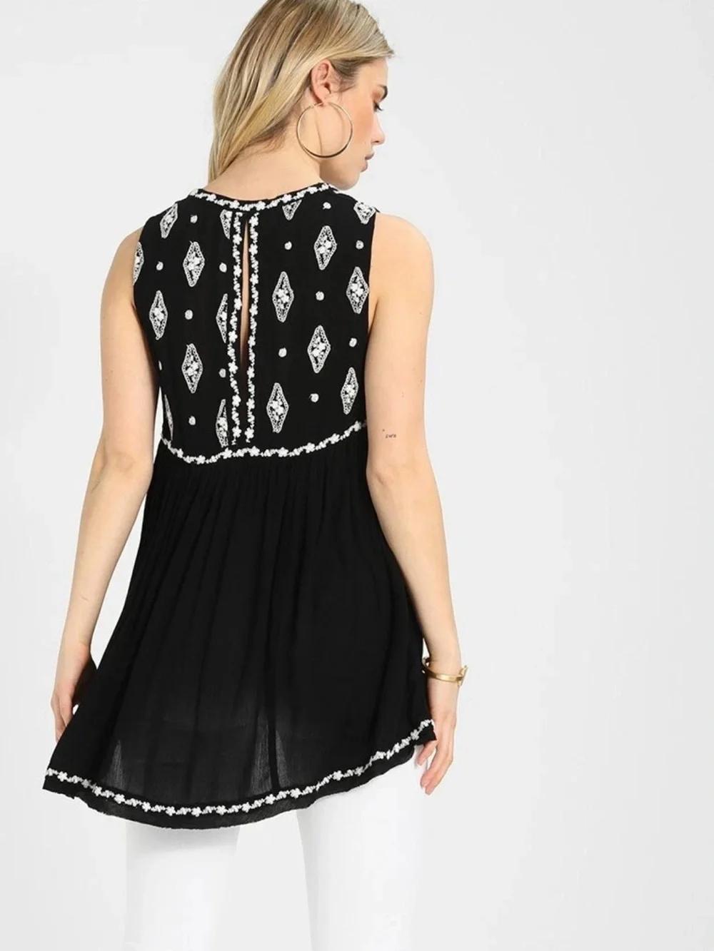 Free People Black Sleeveless Embroidered V-Neck Tunic